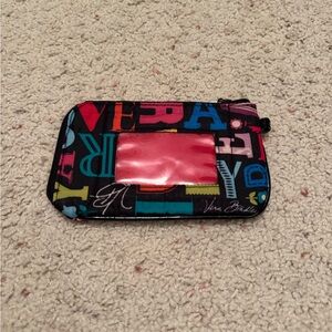 Vera Bradley Black Multicolor Letter Print Wristlet with Pink ID Window